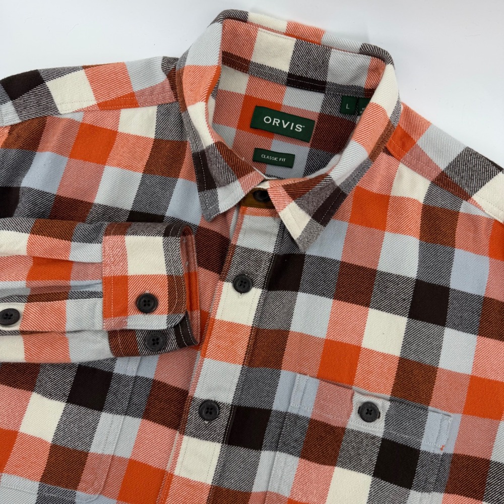 Orvis Perfect Flannel Shirt Mens Large Orange Grey Plaid Classic Fit Cotton